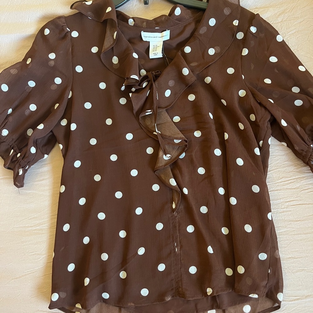 Brown Polka Dot Ruffle Blouse